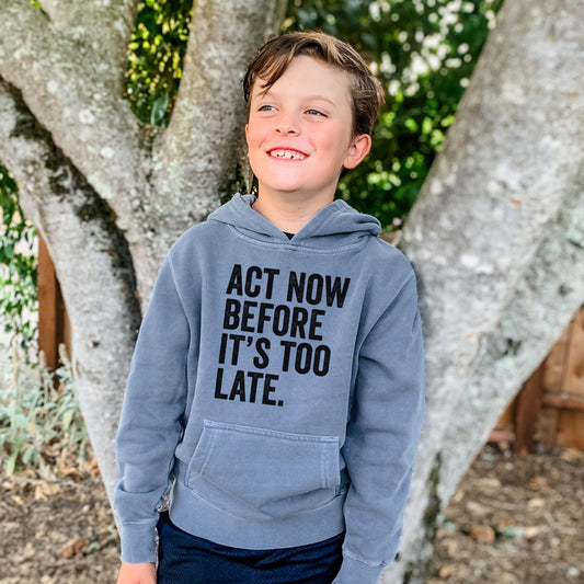 Act Now Before it's Too Late - Youth Pigment Dyed Hoodie