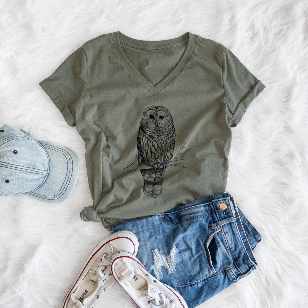 Barred Owl - Strix varia - Women's Lightweight Relaxed Fit 100% Cotton V-neck