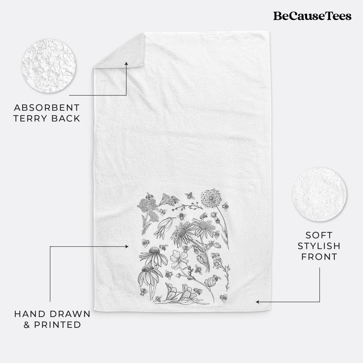 Bees & Blooms - Honeybees with Wildflowers Premium Decorative Hand Towel