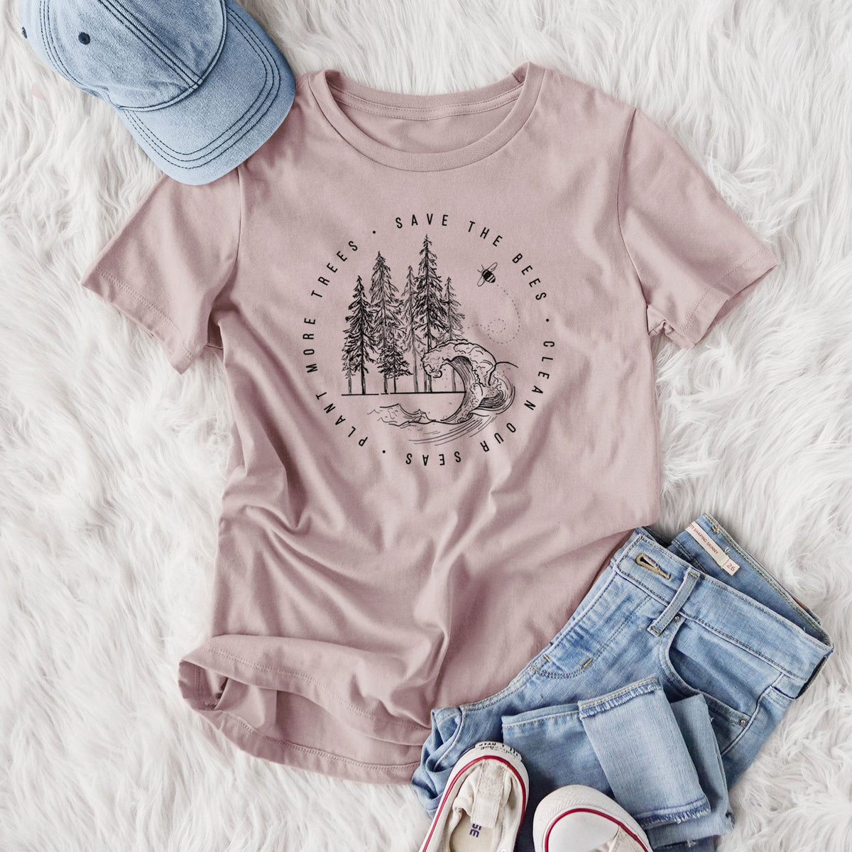 Save the Bees, Clean our Seas, Plant more Trees - Women's Lightweight Relaxed Fit 100% Cotton Crewneck