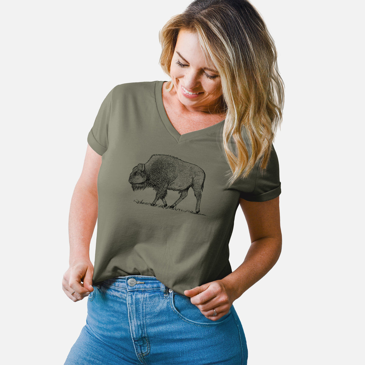 American Bison / Buffalo - Bison bison - Women's Lightweight Relaxed Fit 100% Cotton V-neck