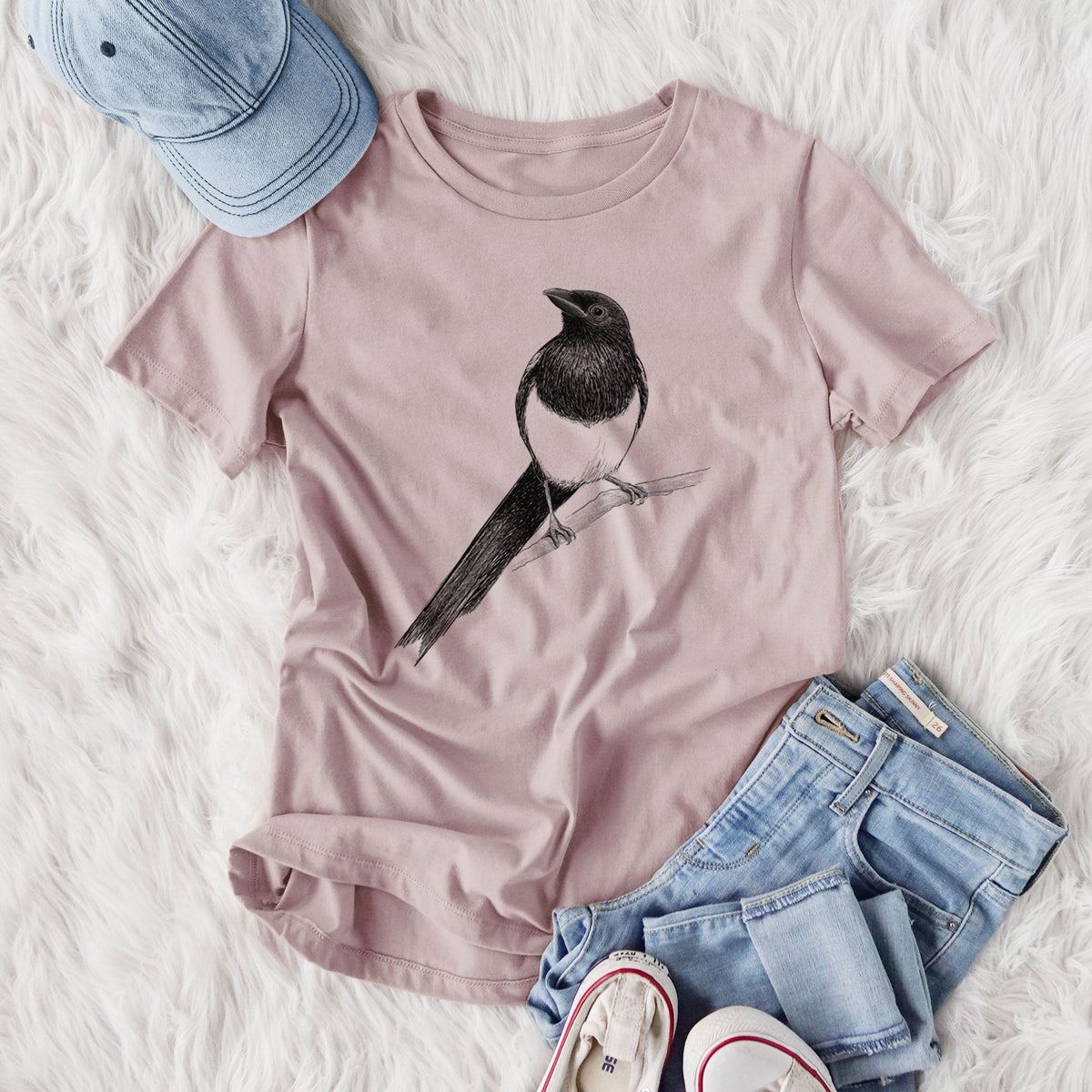 Black-billed Magpie - Pica hudsonia - Women's Lightweight Relaxed Fit 100% Cotton Crewneck