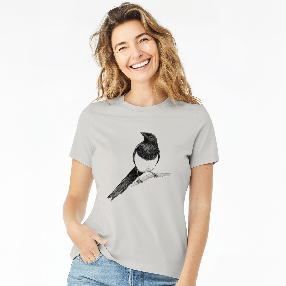 Black-billed Magpie - Pica hudsonia - Women's Lightweight Relaxed Fit 100% Cotton Crewneck