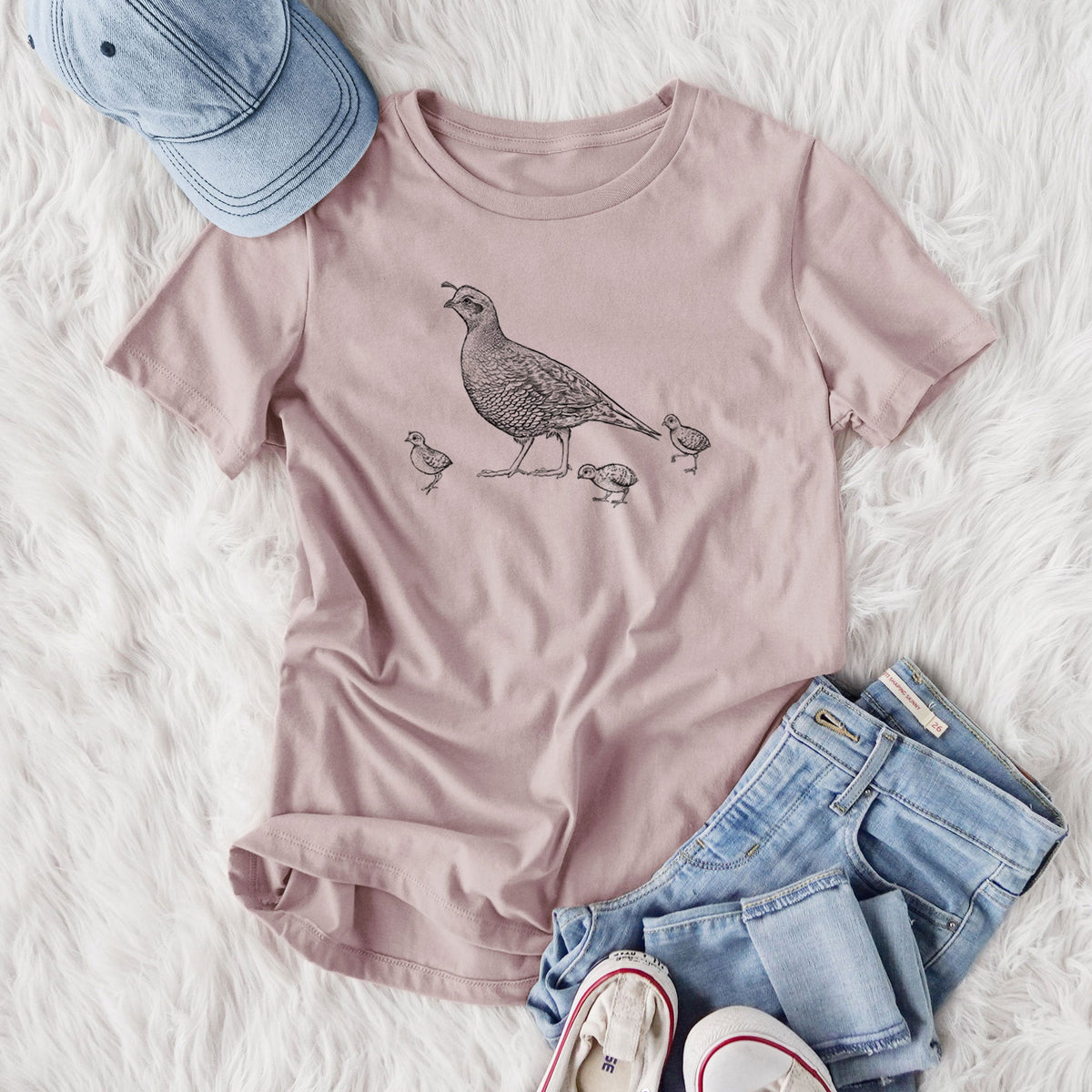 California Quail with Babies - Callipepla californica - Women's Lightweight Relaxed Fit 100% Cotton Crewneck
