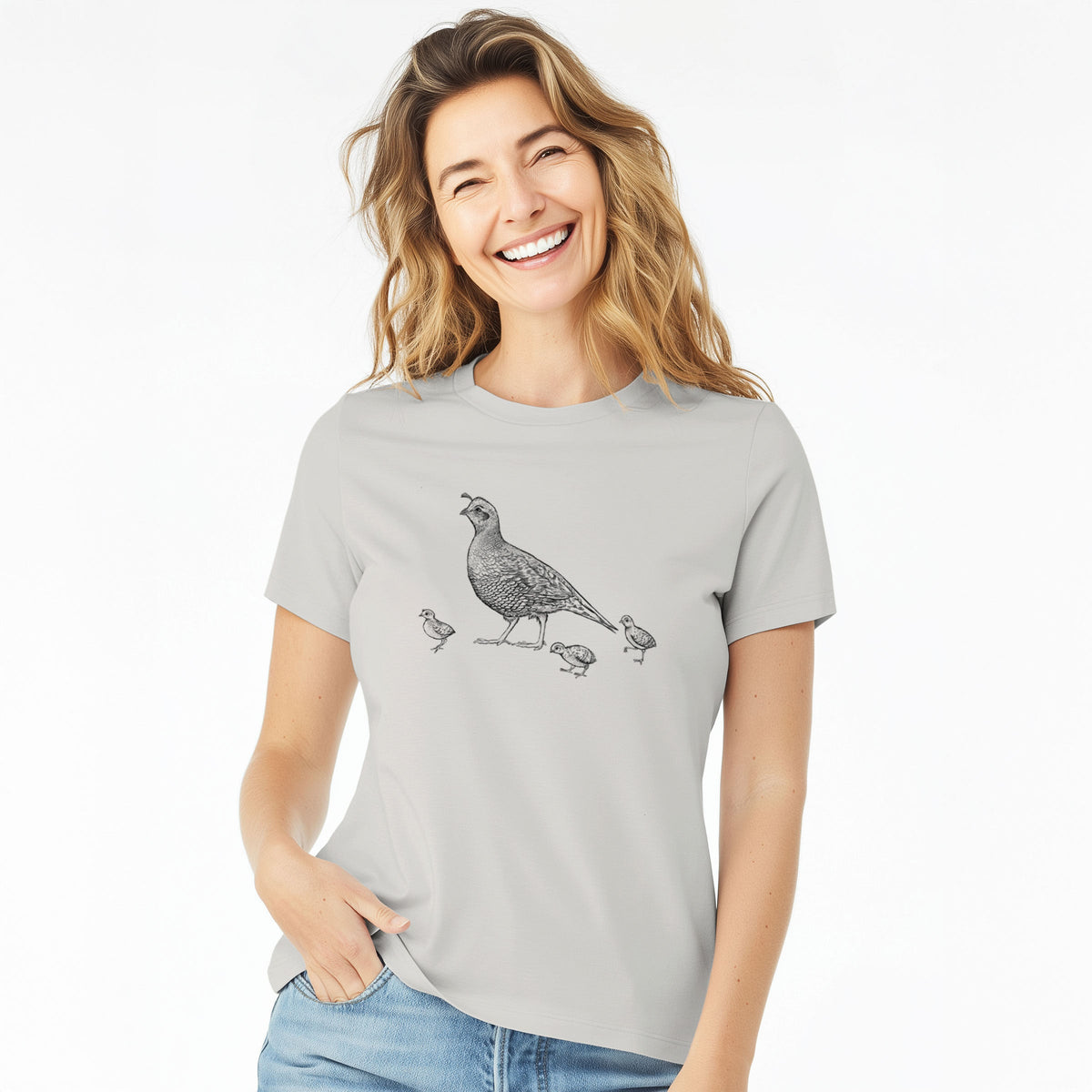 California Quail with Babies - Callipepla californica - Women's Lightweight Relaxed Fit 100% Cotton Crewneck