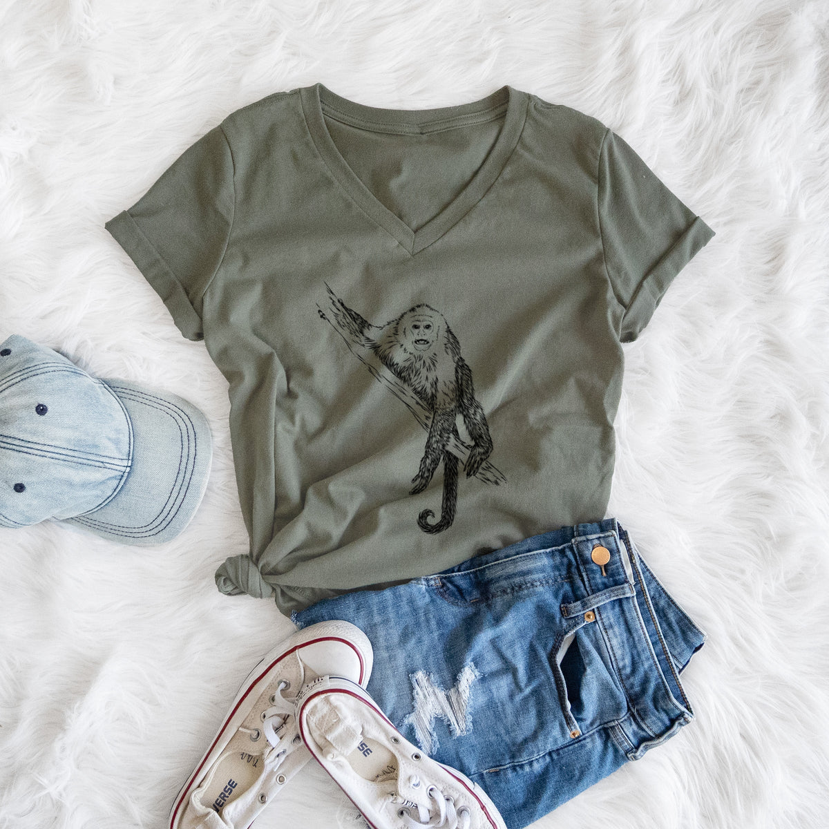 Capuchin Monkey - Cebus imitator - Women's Lightweight Relaxed Fit 100% Cotton V-neck
