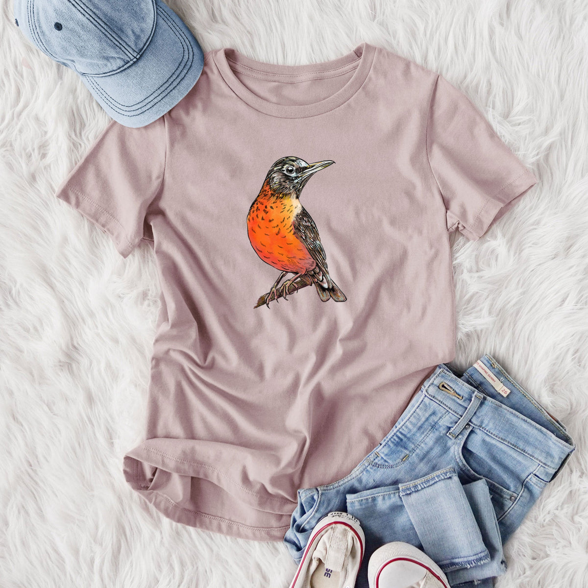 Vibrant American Robin - Turdus migratorius - Women's Lightweight Relaxed Fit 100% Cotton Crewneck