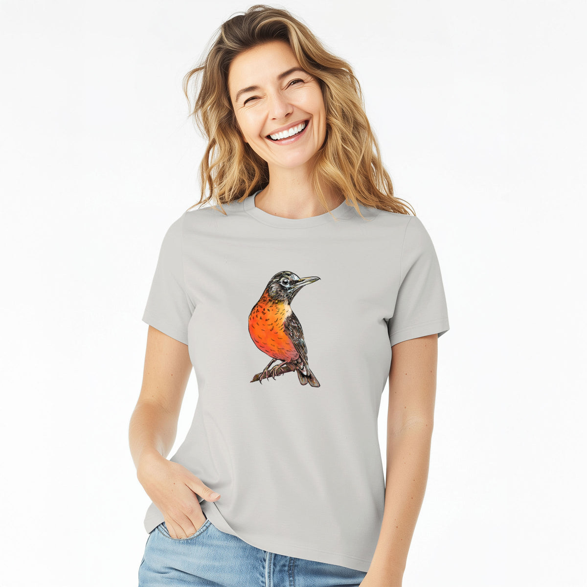 Vibrant American Robin - Turdus migratorius - Women's Lightweight Relaxed Fit 100% Cotton Crewneck