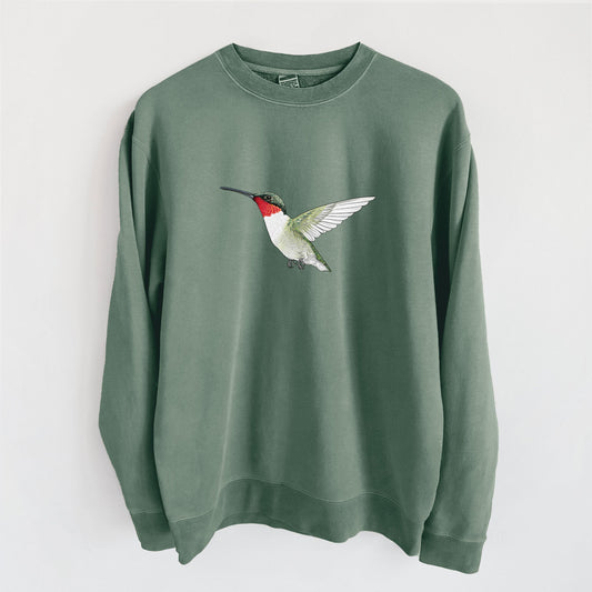 Vibrant Ruby-throated Hummingbird - Archilochus colubris - Unisex Pigment Dyed Crew Sweatshirt