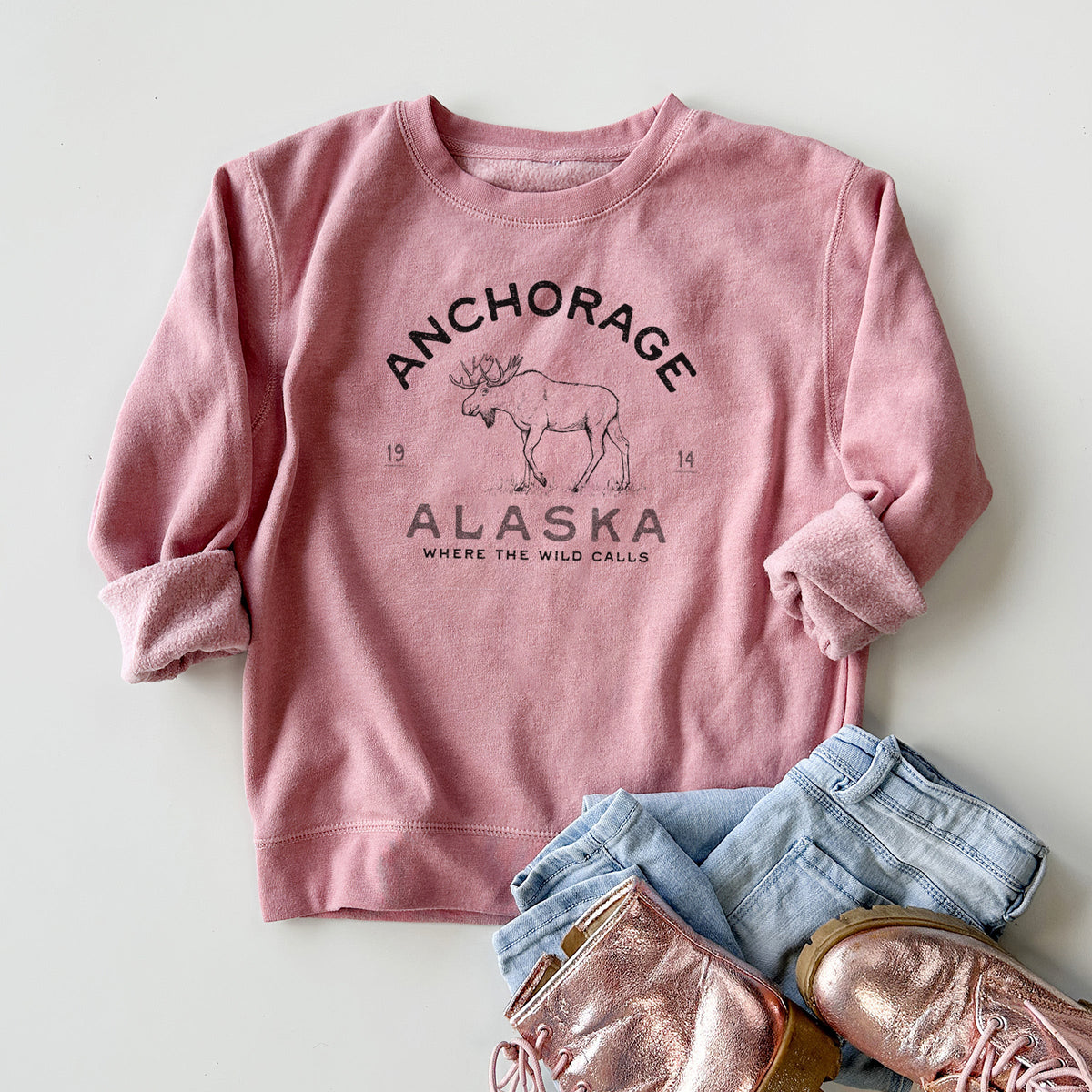 Anchorage Alaska Moose - Youth Lightweight Crewneck Sweatshirt