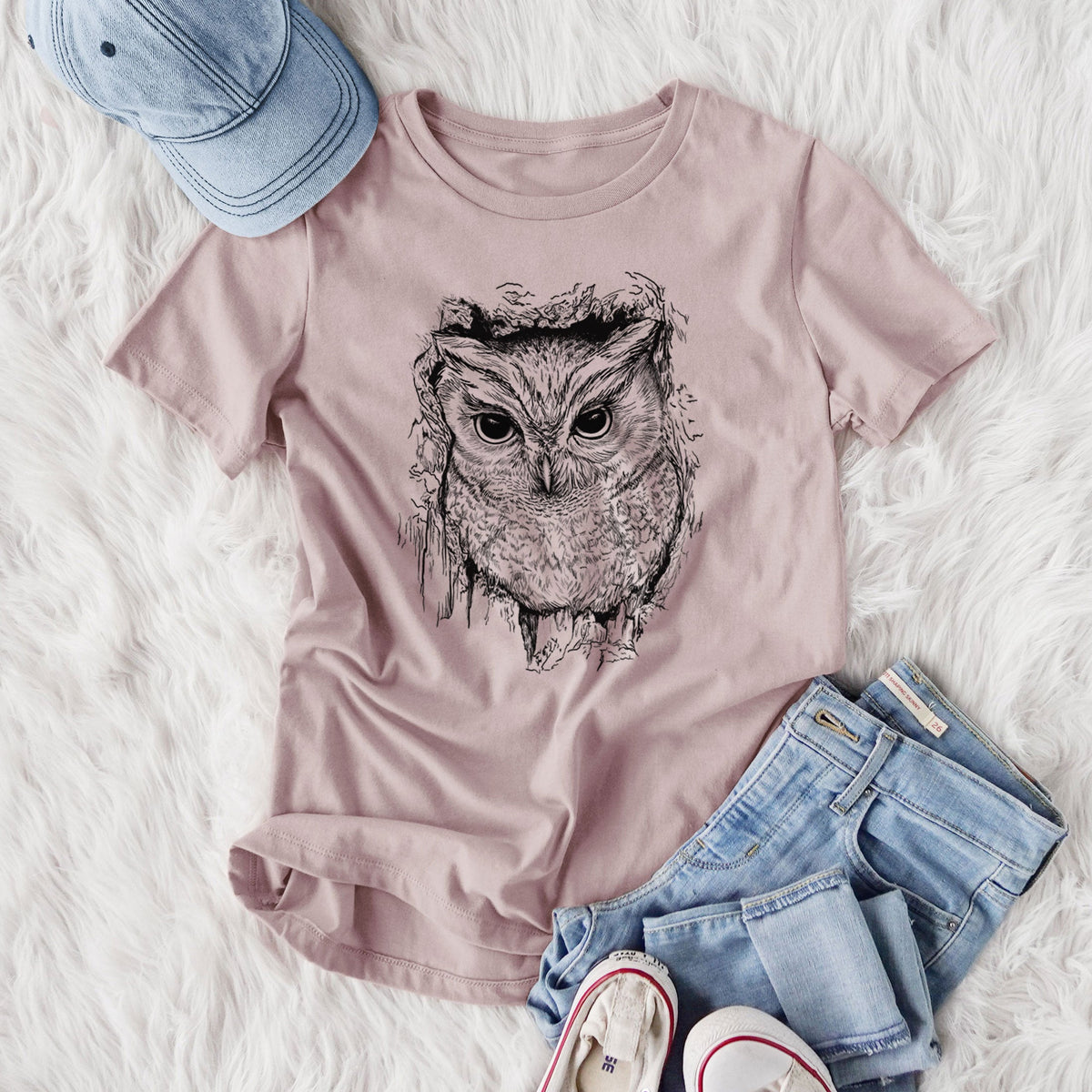 Eastern Screech Owl - Megascops asio - Women's Lightweight Relaxed Fit 100% Cotton Crewneck