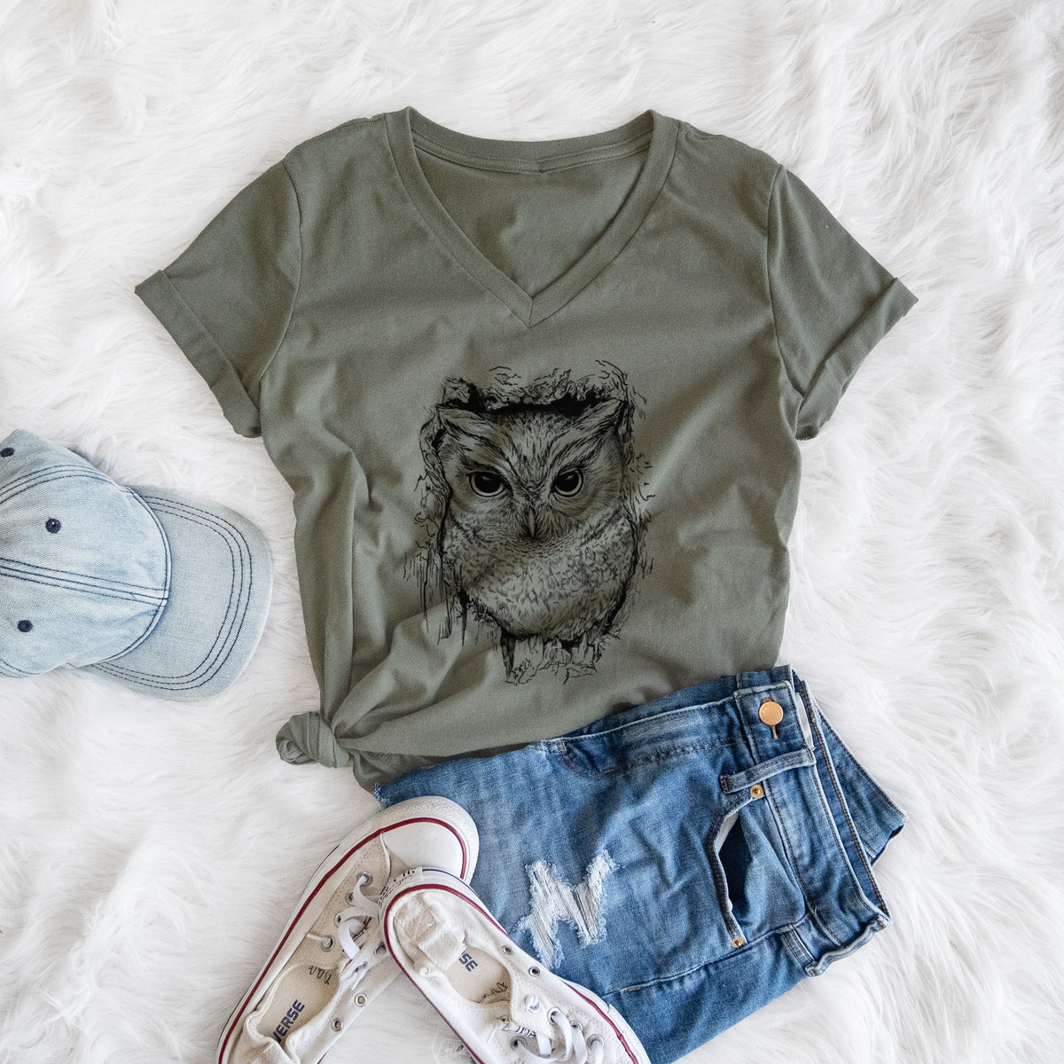 Eastern Screech Owl - Megascops asio - Women's Lightweight Relaxed Fit 100% Cotton V-neck
