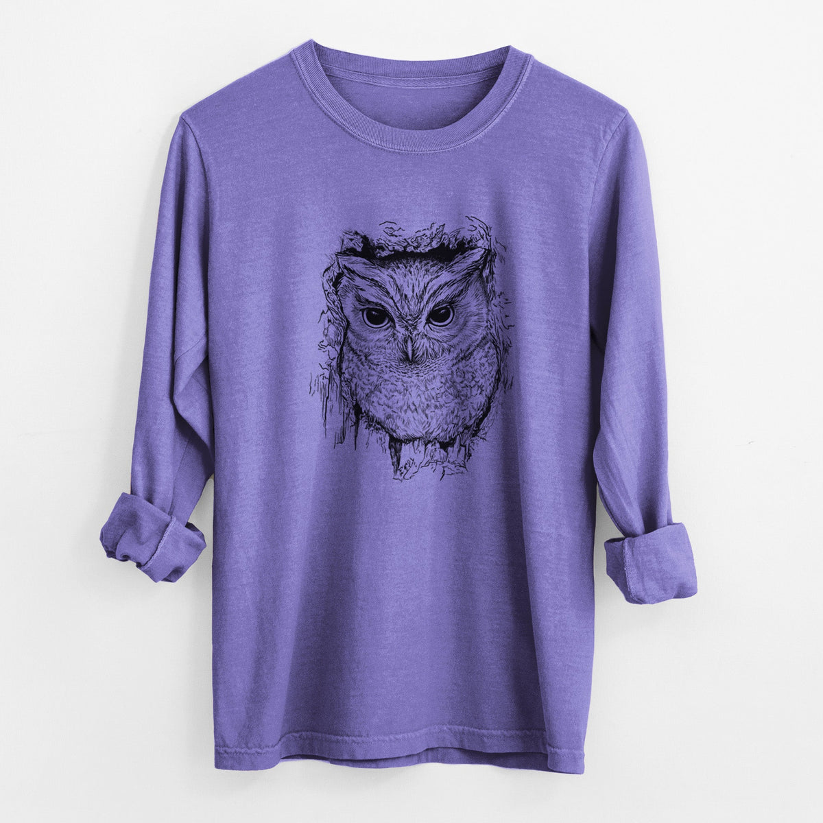 Eastern Screech Owl - Megascops asio - Unisex Comfort Colors 100% Cotton Long Sleeve