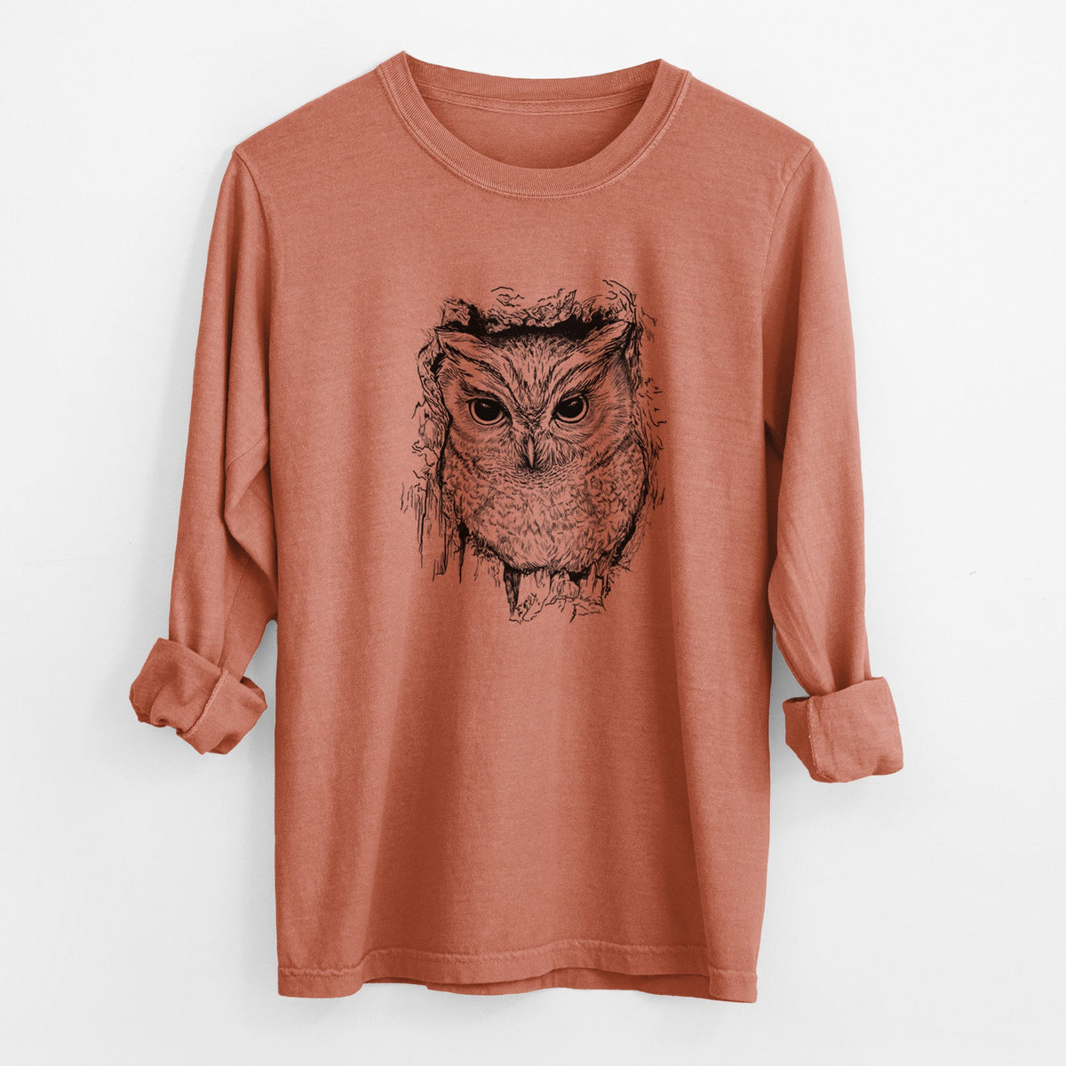 Eastern Screech Owl - Megascops asio - Unisex Comfort Colors 100% Cotton Long Sleeve