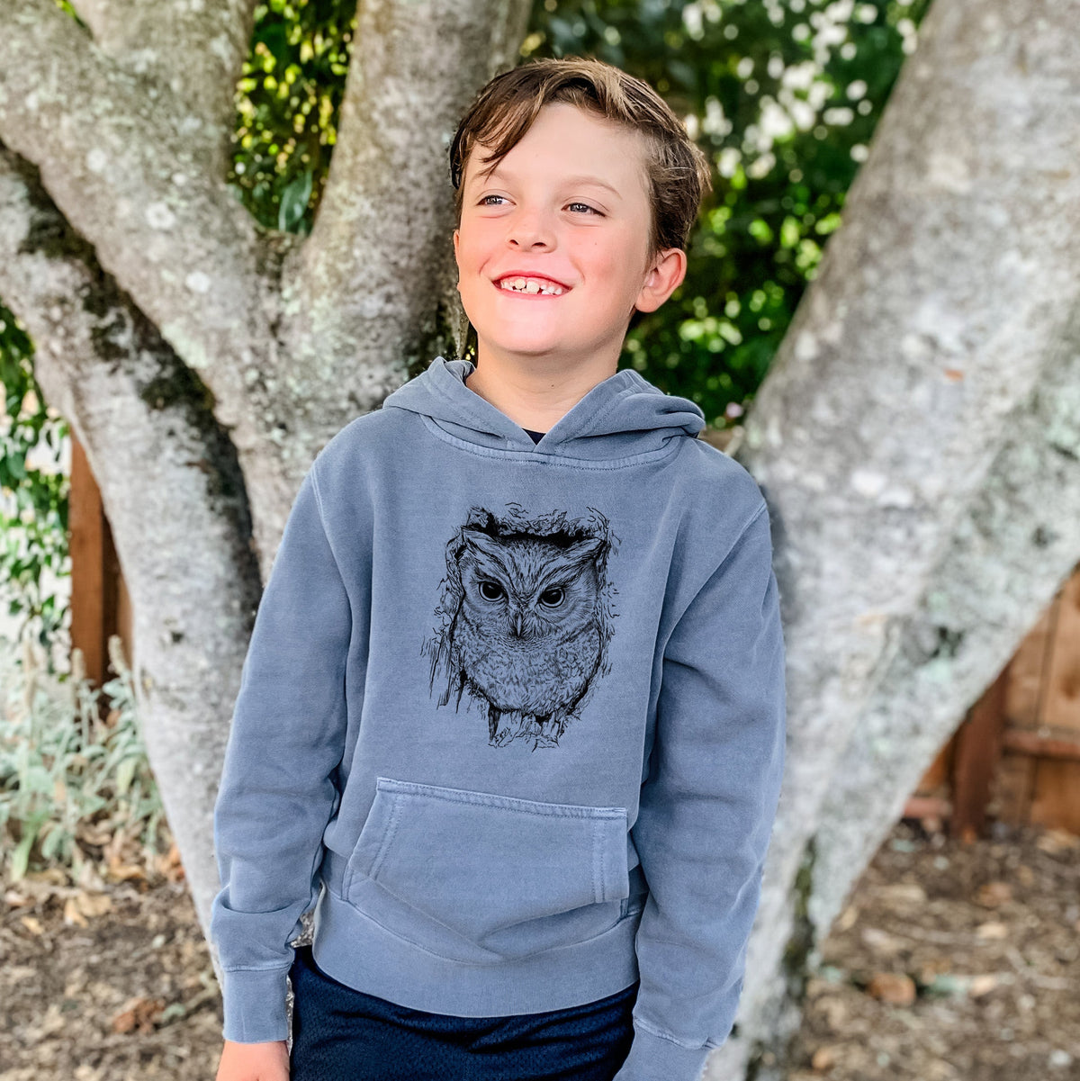Eastern Screech Owl - Megascops asio - Youth Pigment Dyed Hoodie