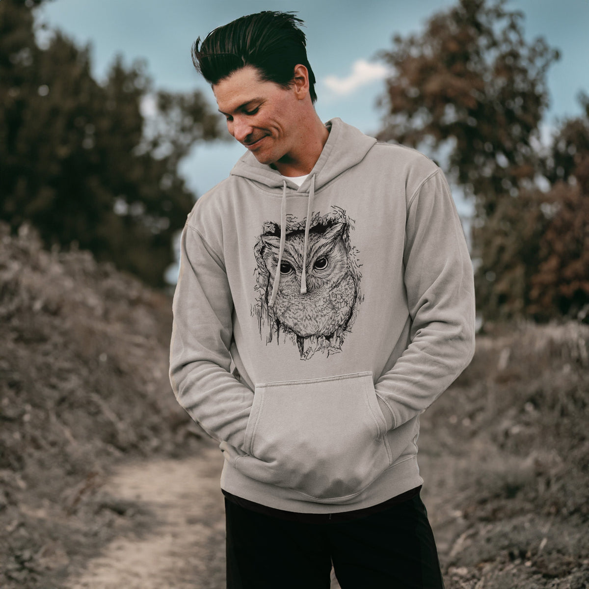 Eastern Screech Owl - Megascops asio - Unisex Pigment Dyed Hoodie