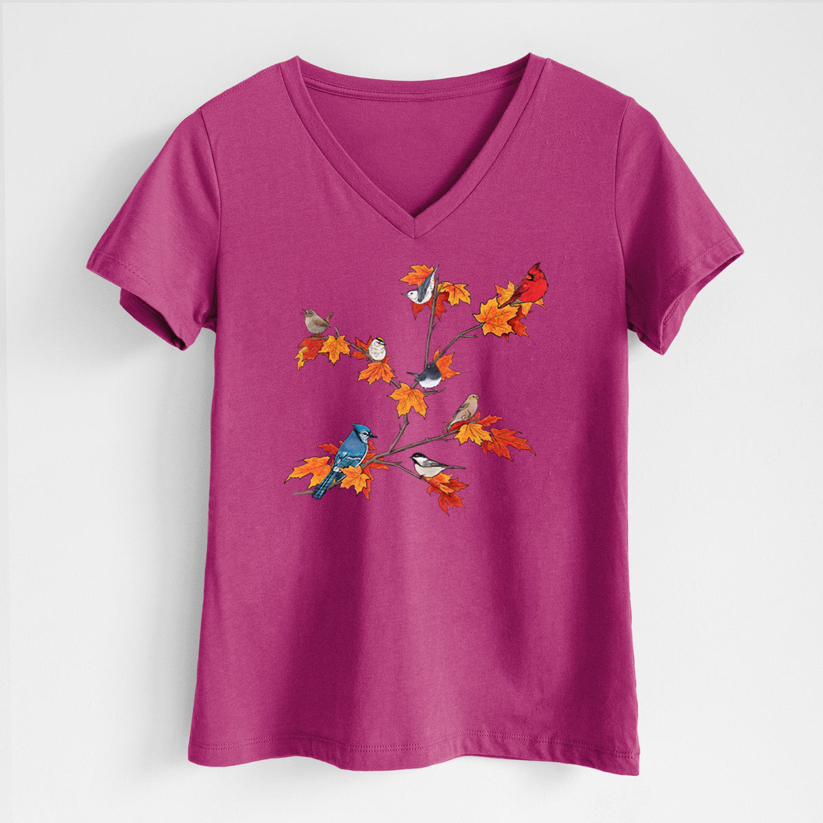 Autumn Backyard Birds - Women's Lightweight Relaxed Fit 100% Cotton V-neck