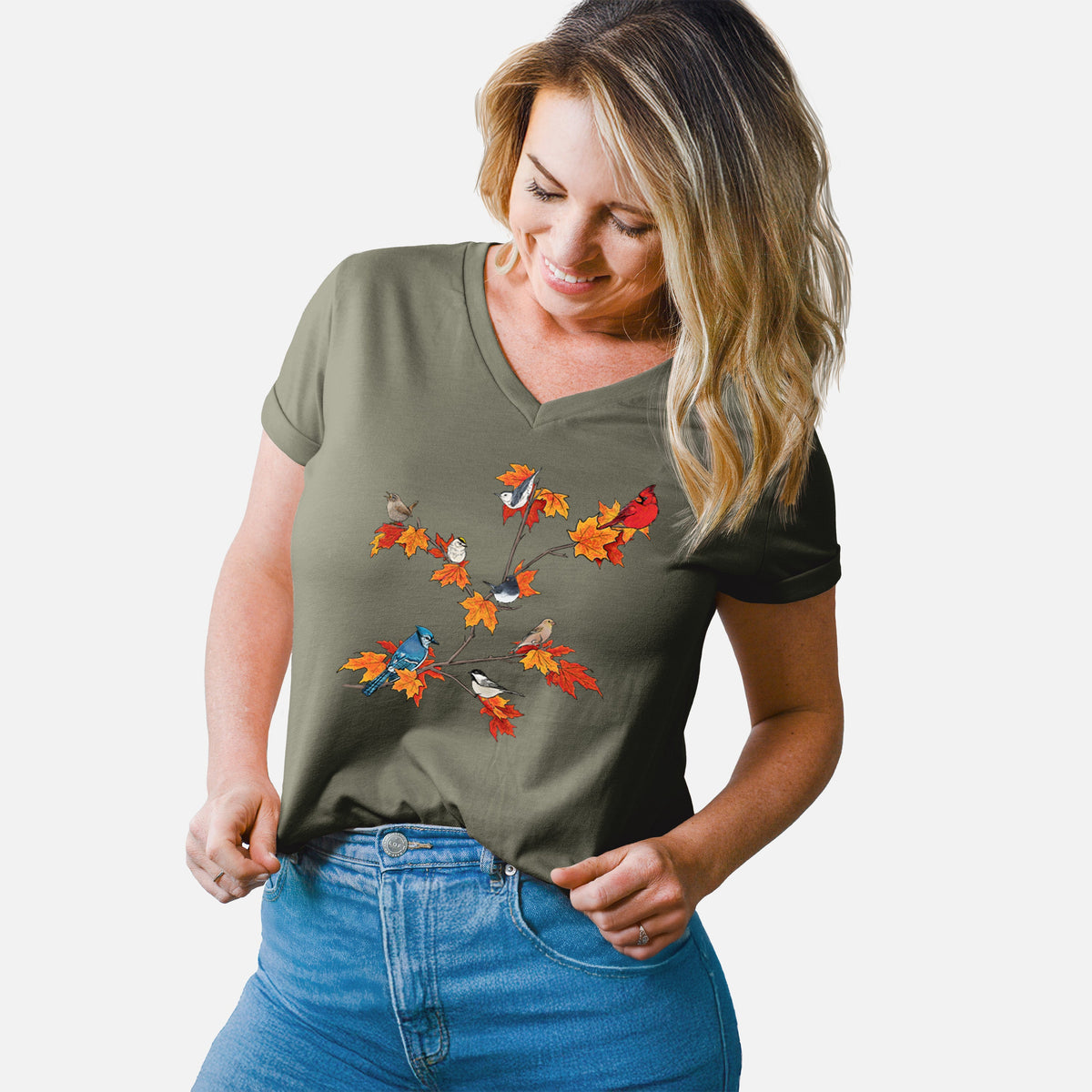 Autumn Backyard Birds - Women's Lightweight Relaxed Fit 100% Cotton V-neck