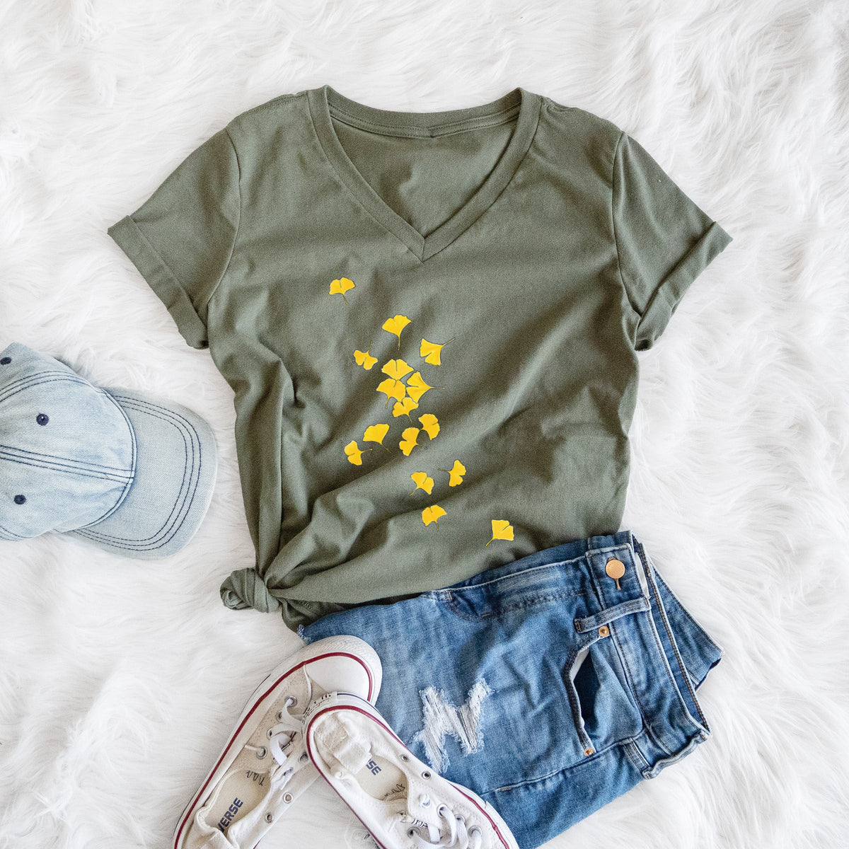 Falling Ginkgo Leaves - Women's Lightweight Relaxed Fit 100% Cotton V-neck