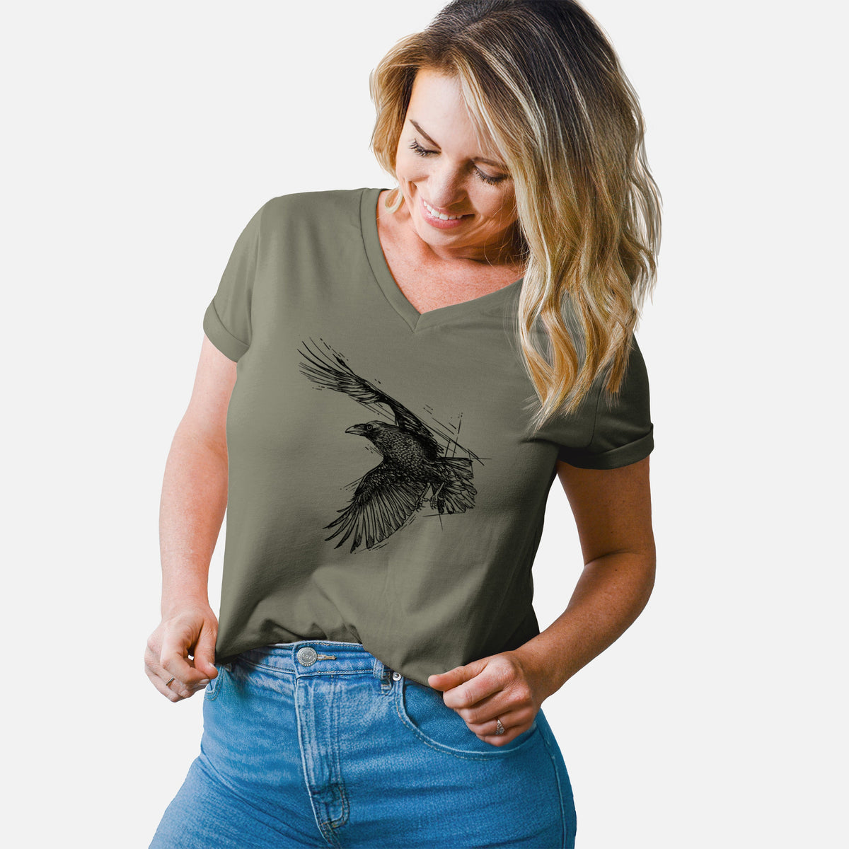 Flying Raven - Corvus corax - Women's Lightweight Relaxed Fit 100% Cotton V-neck