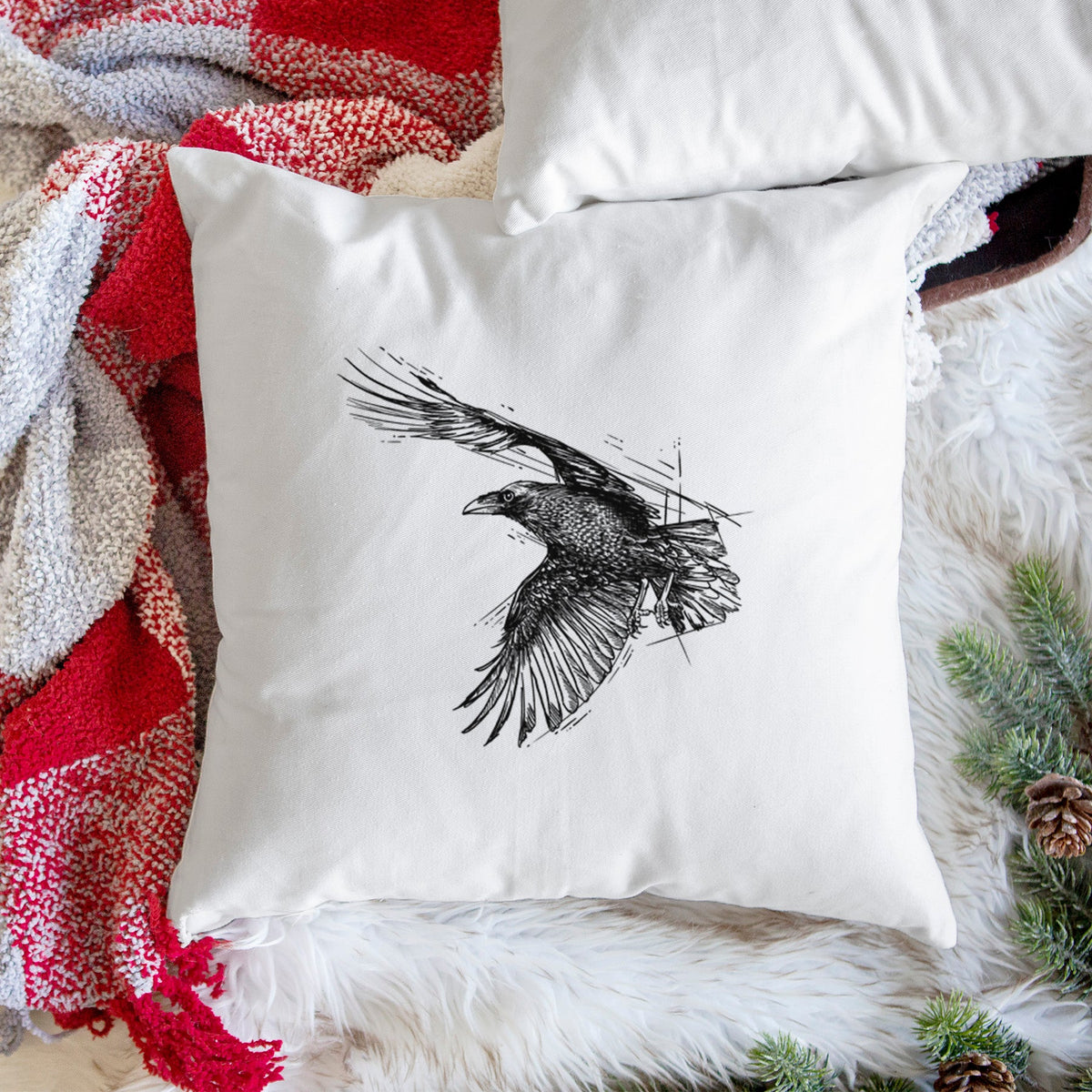 Flying Raven - Corvus corax - Throw Pillow Cover