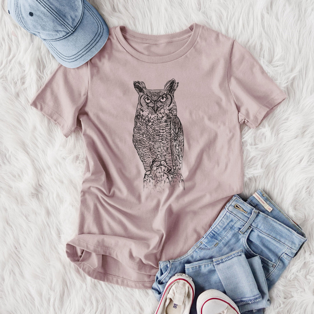 Bubo virginianus - Great Horned Owl - Women's Lightweight Relaxed Fit 100% Cotton Crewneck