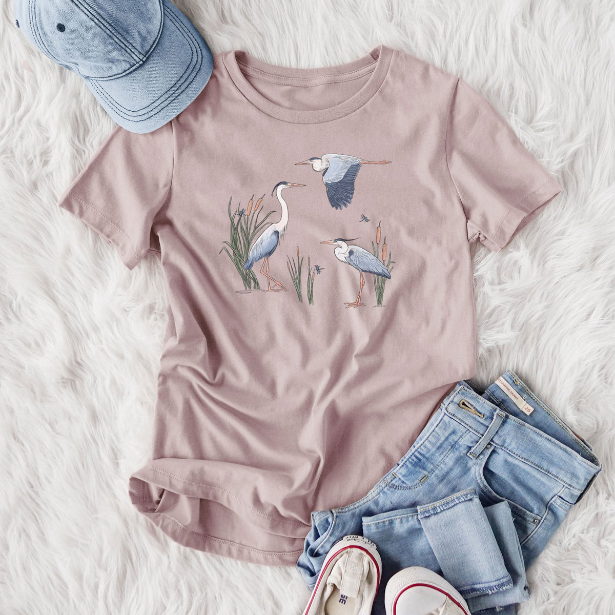 Great Blue Herons in the Cattails - Women's Lightweight Relaxed Fit 100% Cotton Crewneck