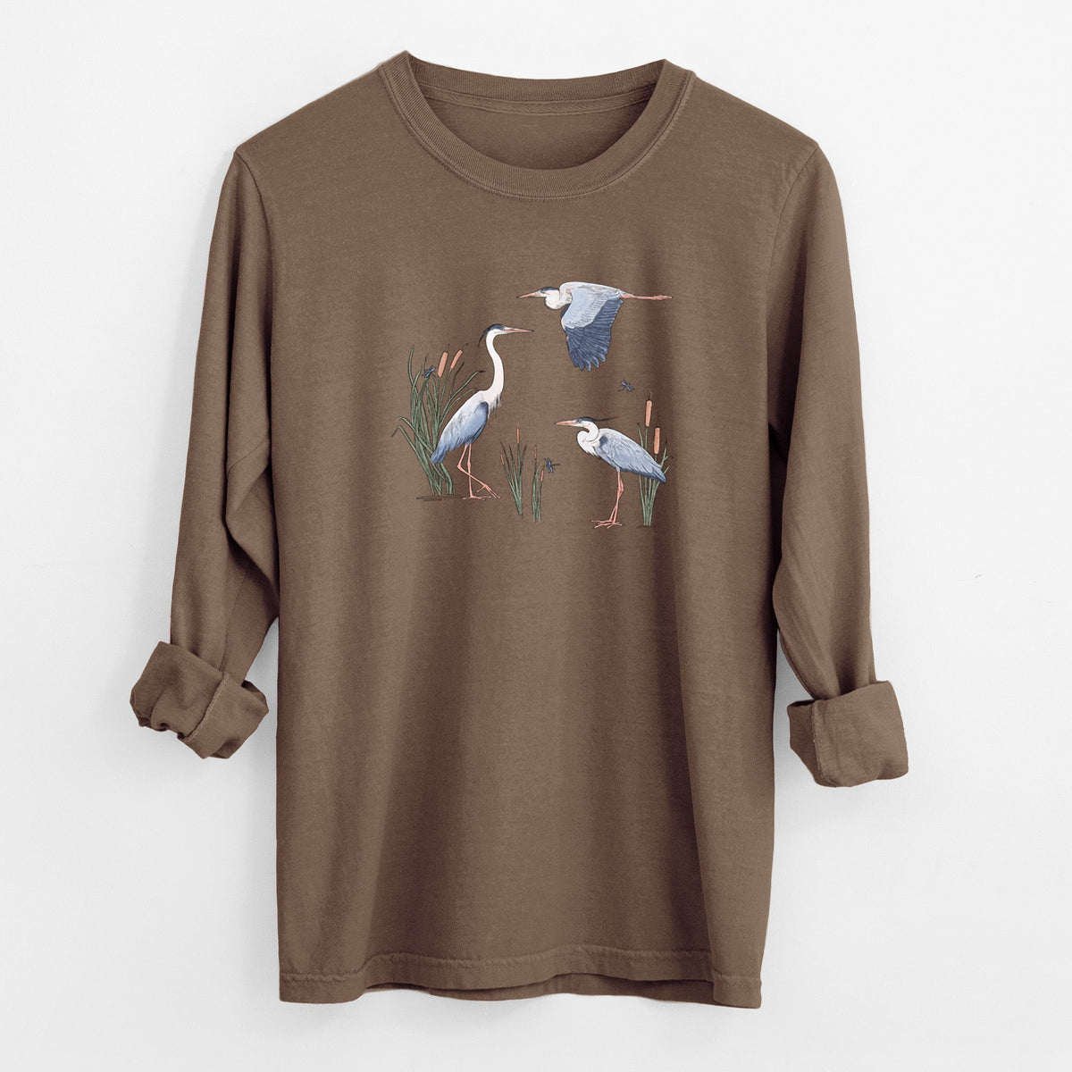 Great Blue Herons in the Cattails - Unisex Comfort Colors 100% Cotton Long Sleeve