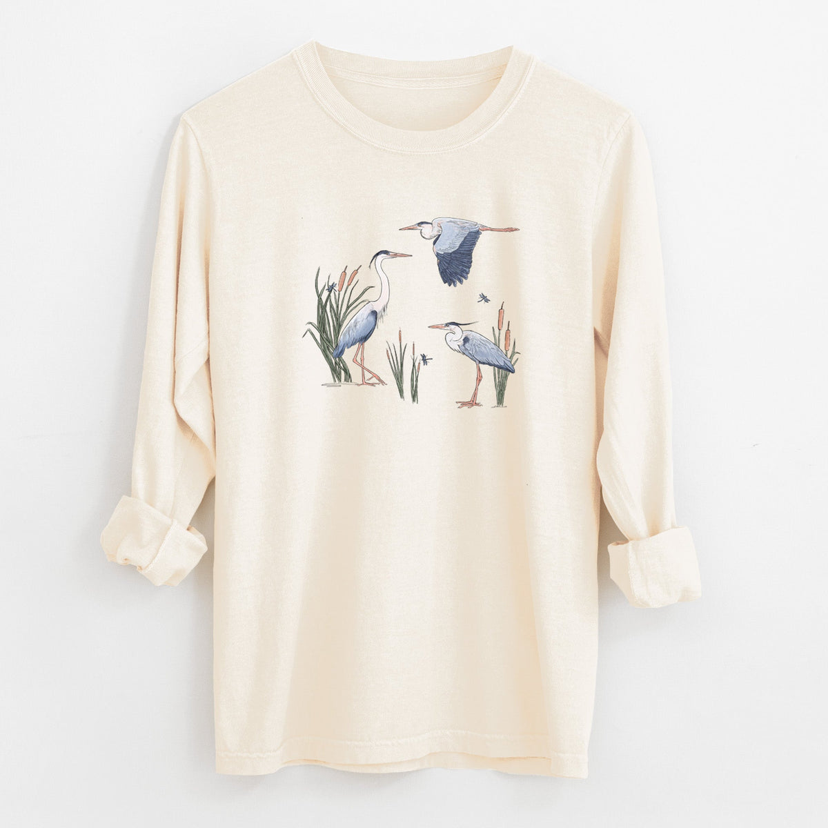 Great Blue Herons in the Cattails - Unisex Comfort Colors 100% Cotton Long Sleeve