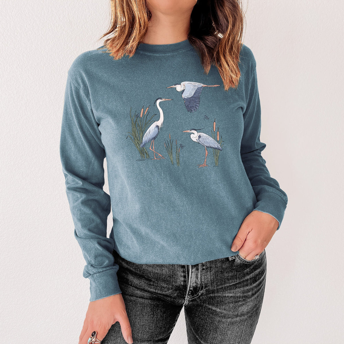 Great Blue Herons in the Cattails - Unisex Comfort Colors 100% Cotton Long Sleeve