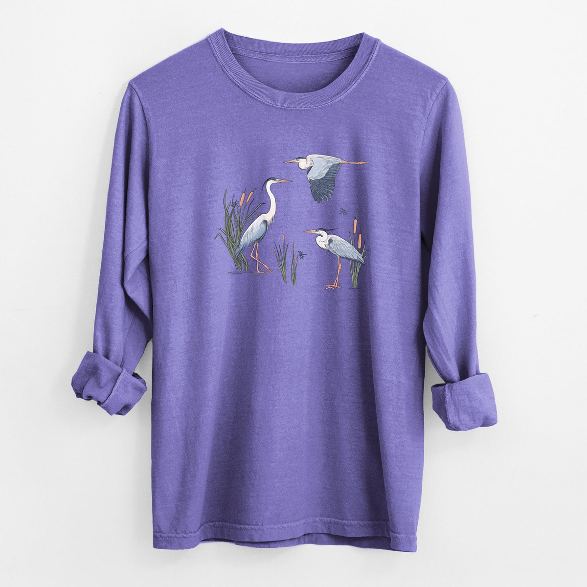Great Blue Herons in the Cattails - Unisex Comfort Colors 100% Cotton Long Sleeve