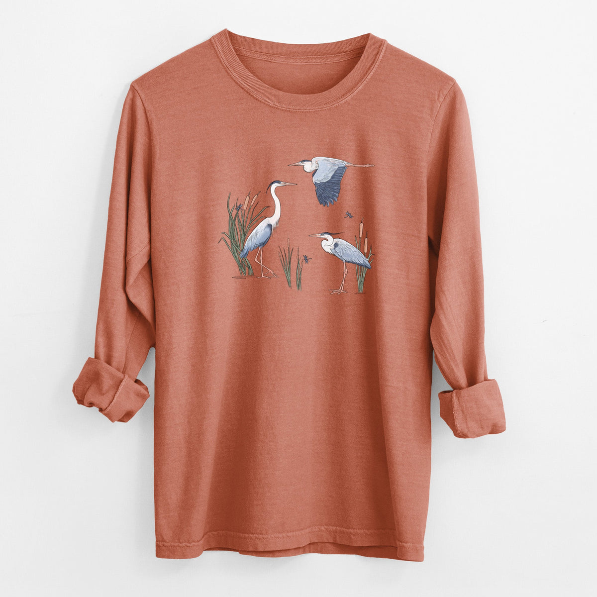 Great Blue Herons in the Cattails - Unisex Comfort Colors 100% Cotton Long Sleeve