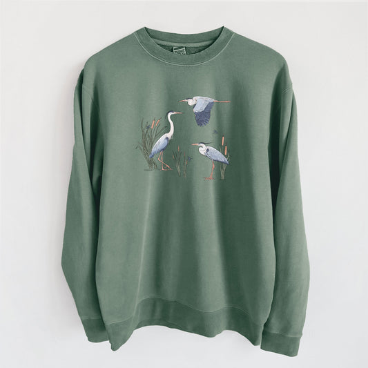 Great Blue Herons in the Cattails - Unisex Pigment Dyed Crew Sweatshirt