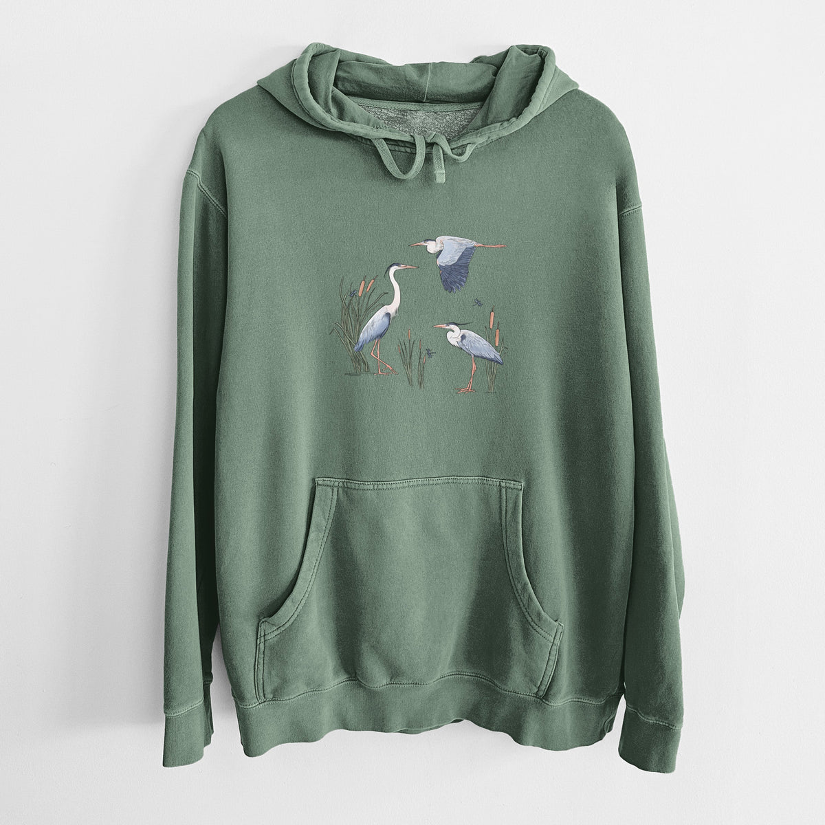 Great Blue Herons in the Cattails - Unisex Pigment Dyed Hoodie