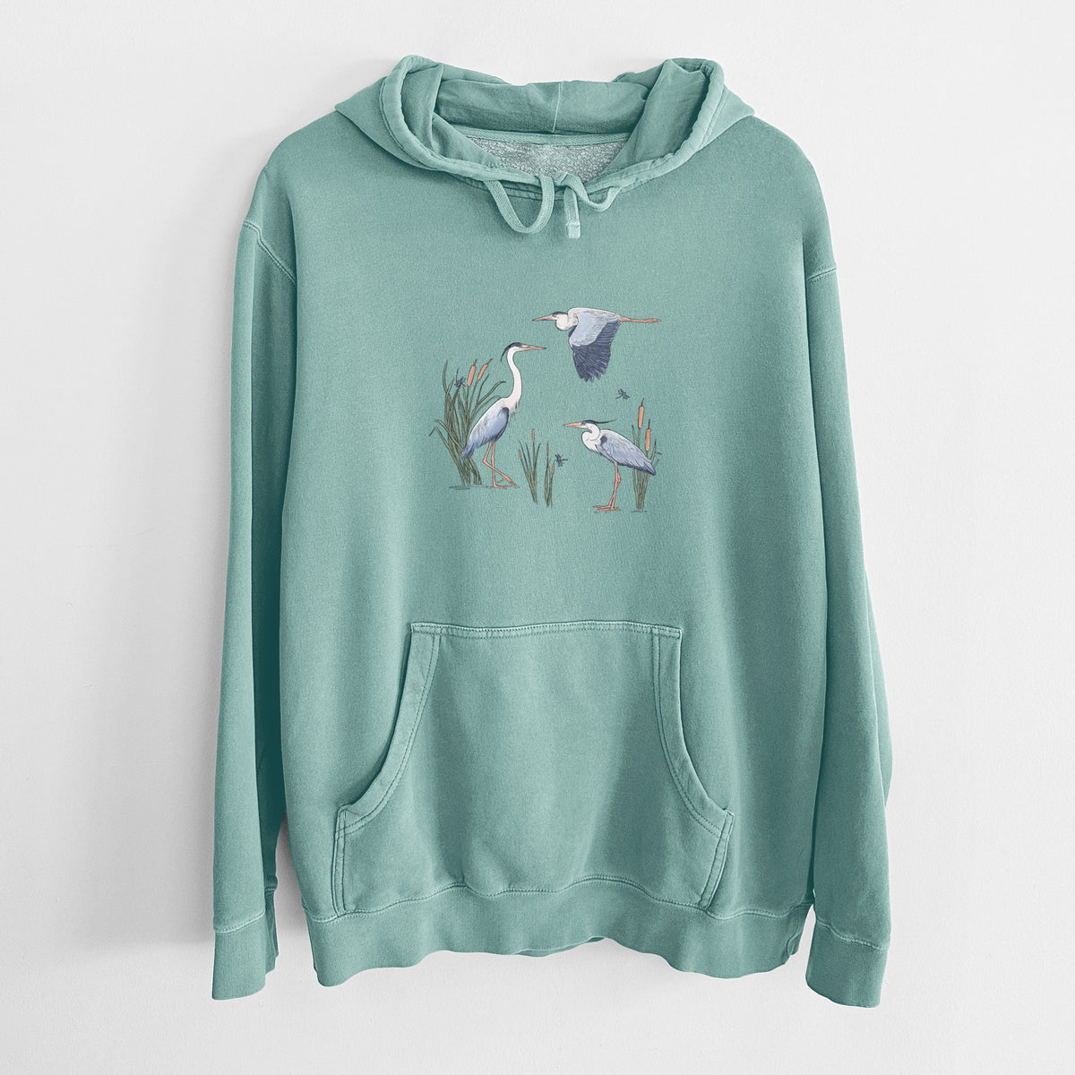 Great Blue Herons in the Cattails - Unisex Pigment Dyed Hoodie