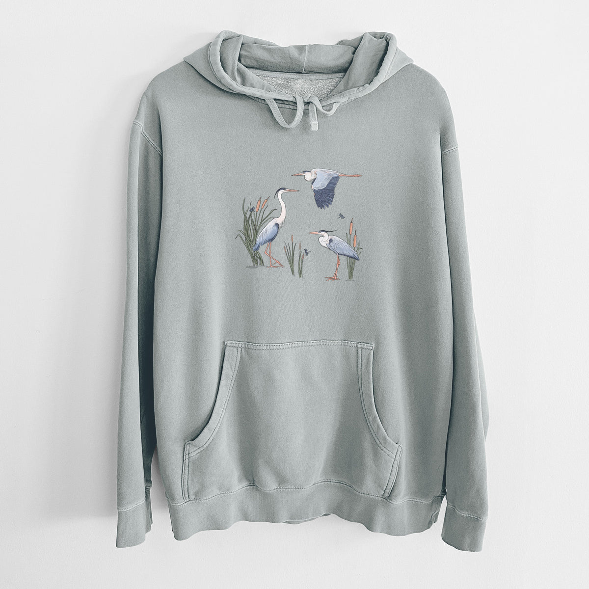 Great Blue Herons in the Cattails - Unisex Pigment Dyed Hoodie