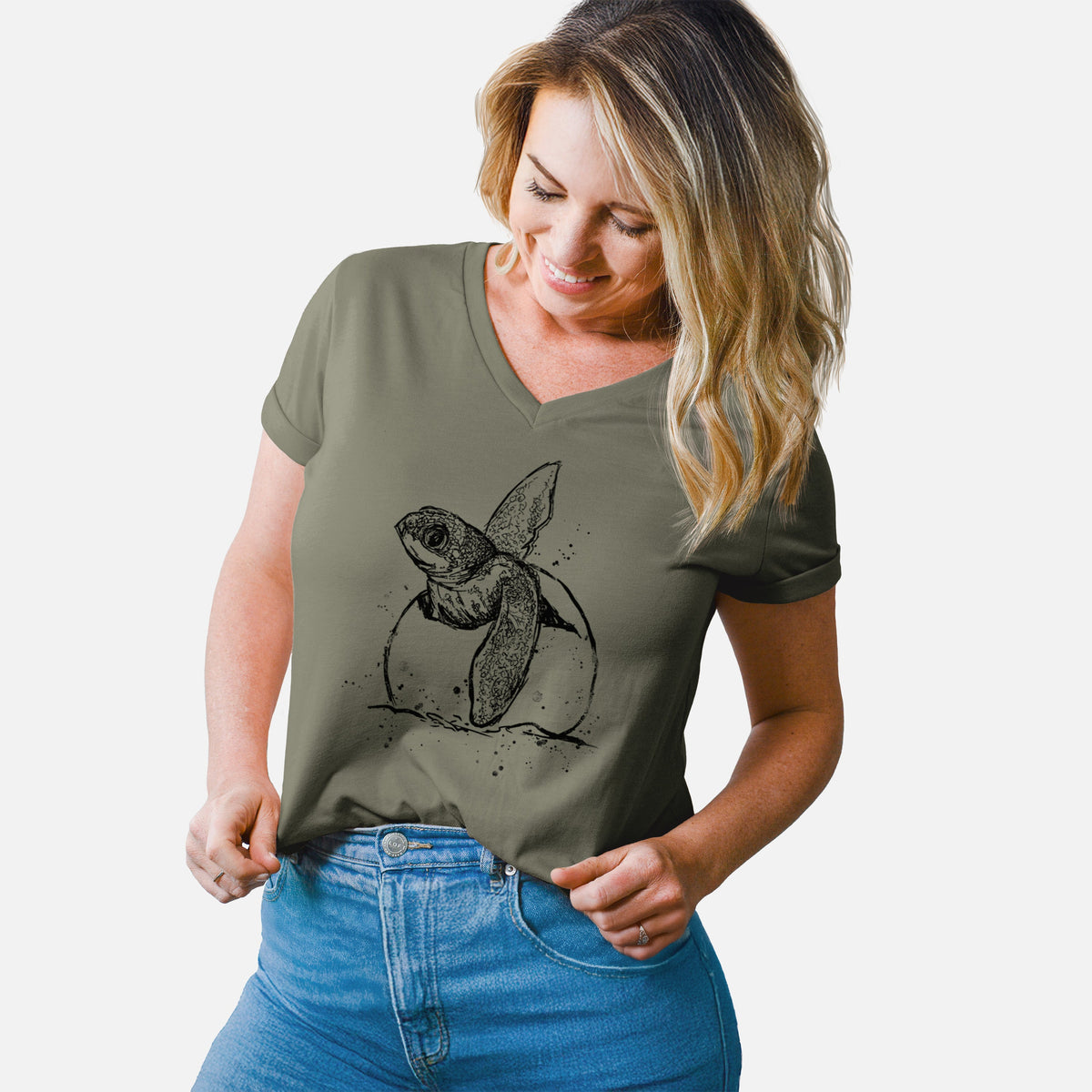 Leatherback Turtle Hatching - Women's Lightweight Relaxed Fit 100% Cotton V-neck
