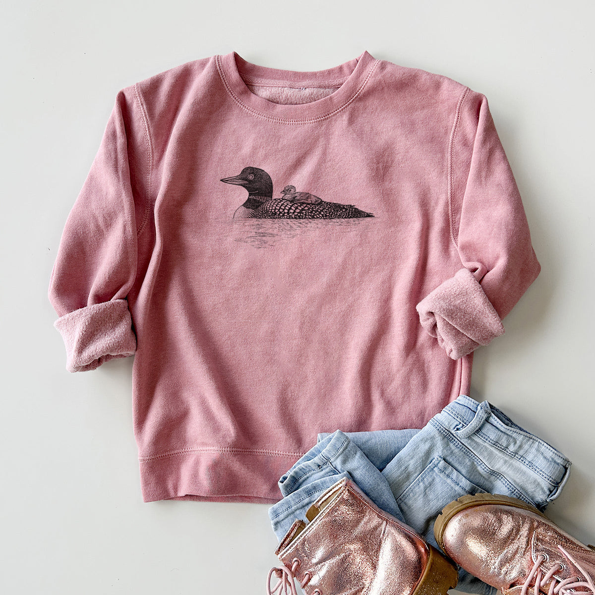 Common Loon with Chick - Gavia immer - Youth Lightweight Crewneck Sweatshirt