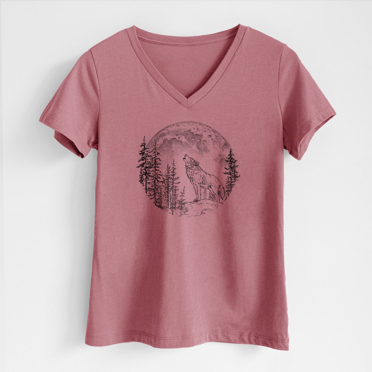 Wolf Howling at the Moon - Women's Lightweight Relaxed Fit 100% Cotton V-neck