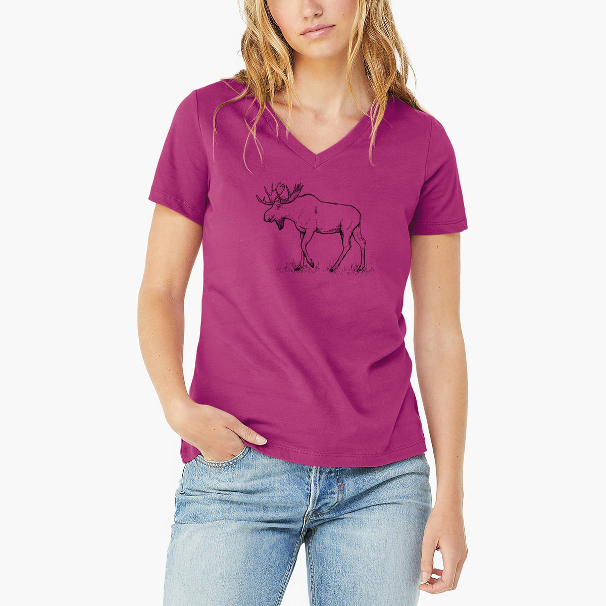 Bull Moose - Alces alces - Women's Lightweight Relaxed Fit 100% Cotton V-neck