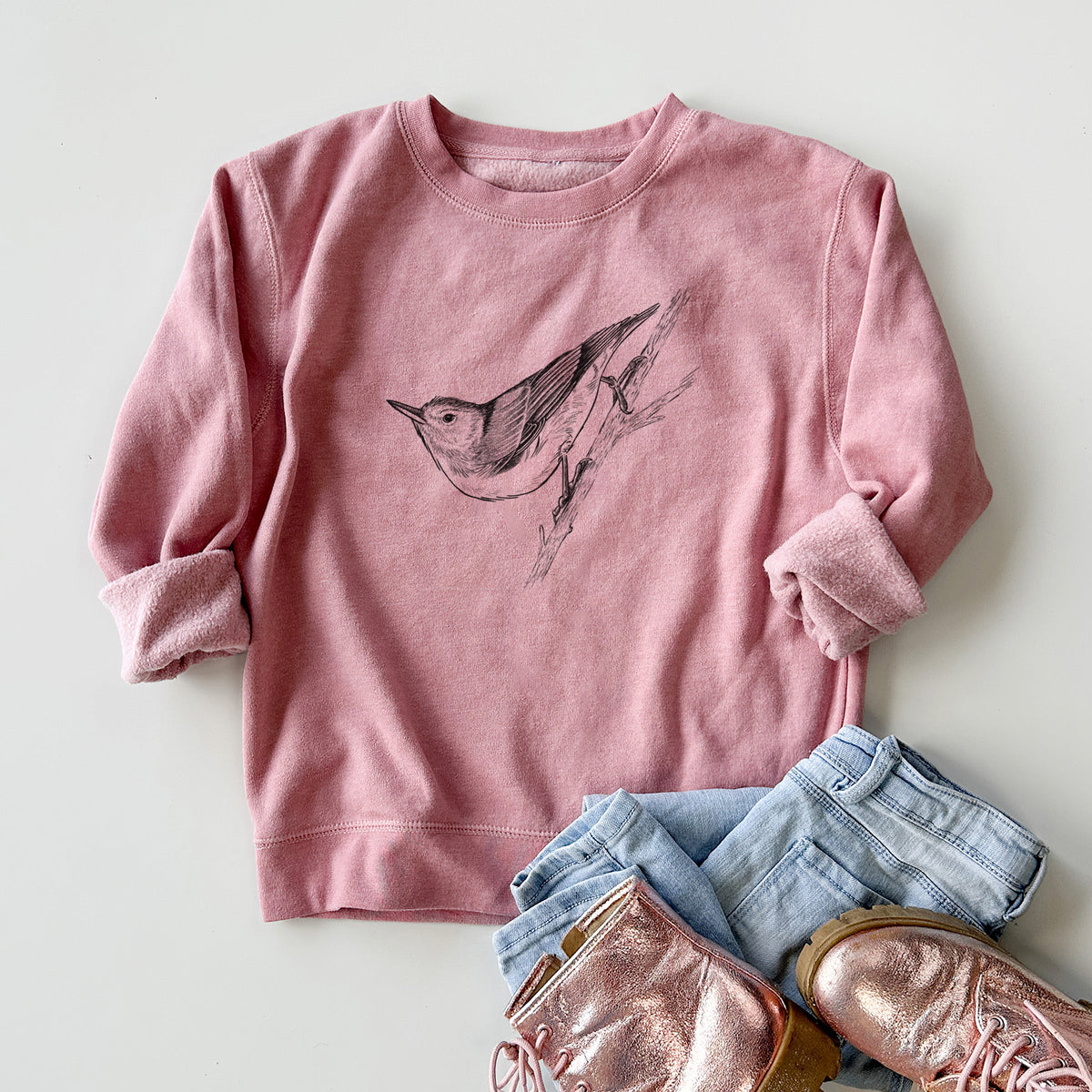 White-breasted Nuthatch - Sitta carolinensis - Youth Lightweight Crewneck Sweatshirt