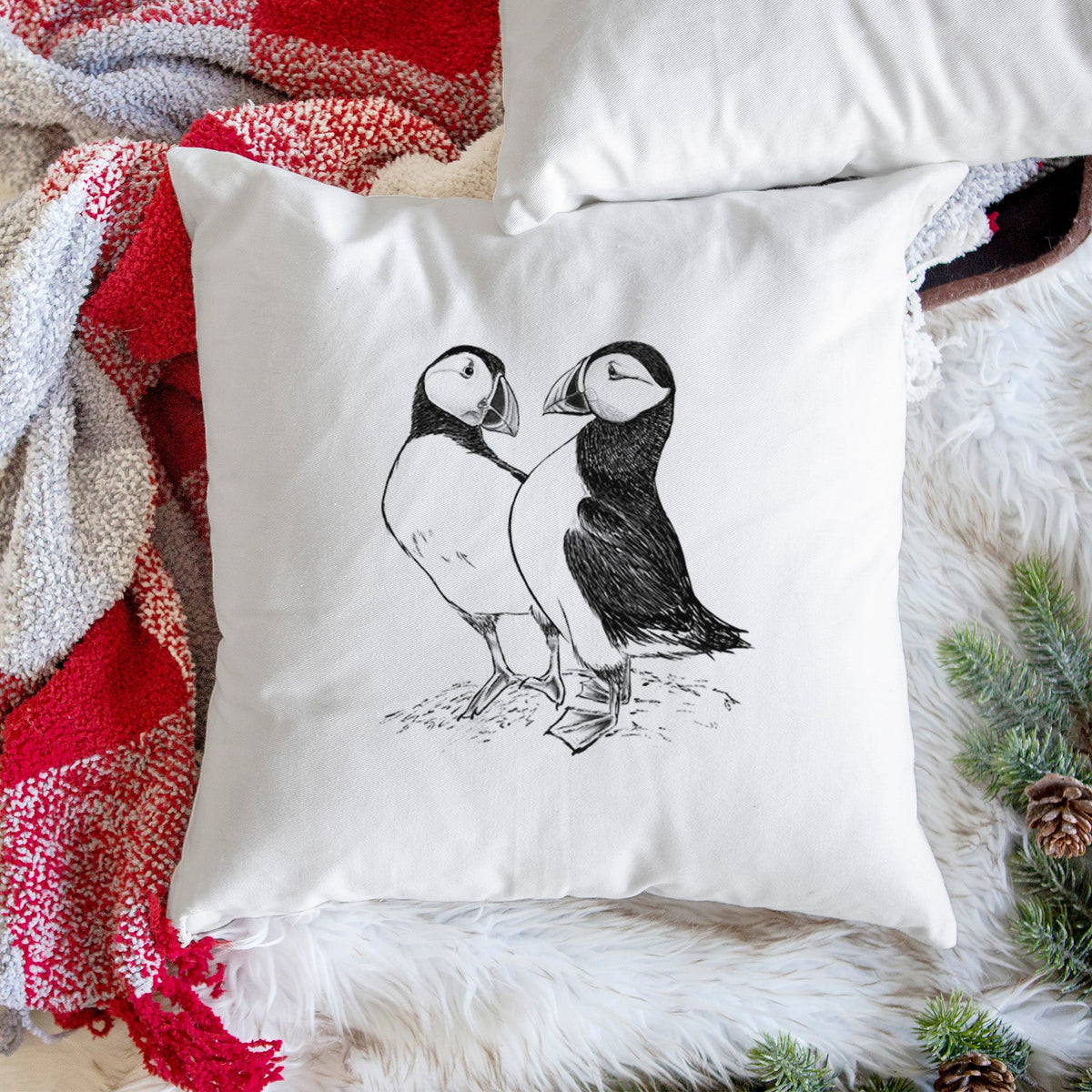 Atlantic Puffins Pair - Fratercula arctica - Throw Pillow Cover
