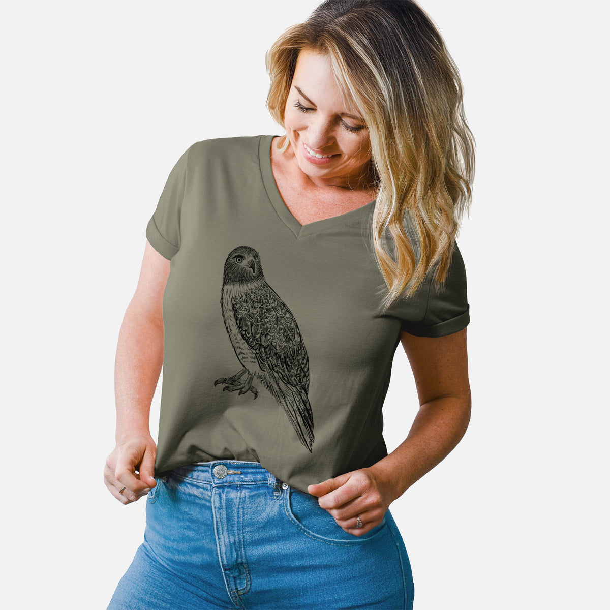 Red-tailed Hawk - Buteo jamaicensis - Women's Lightweight Relaxed Fit 100% Cotton V-neck