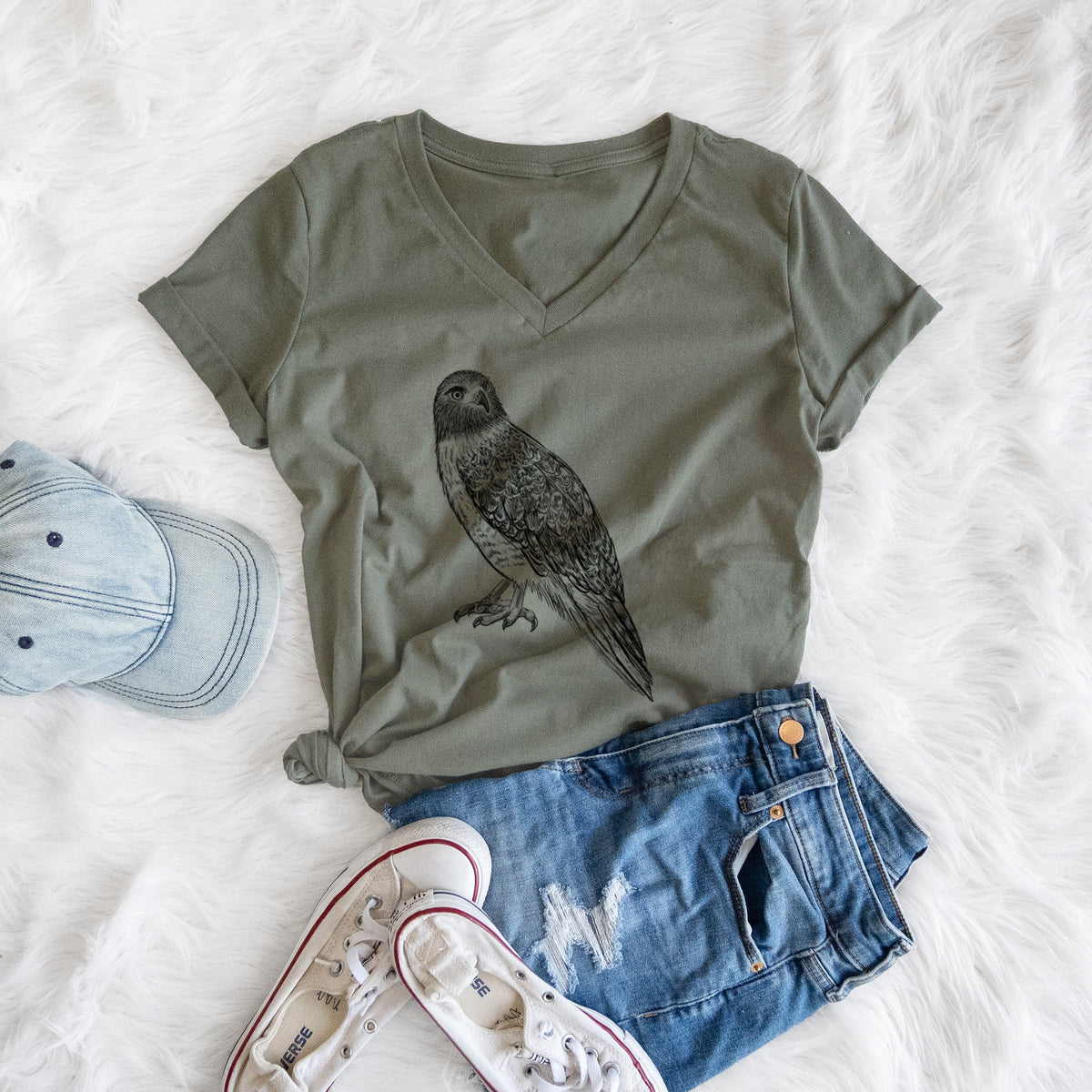 Red-tailed Hawk - Buteo jamaicensis - Women's Lightweight Relaxed Fit 100% Cotton V-neck