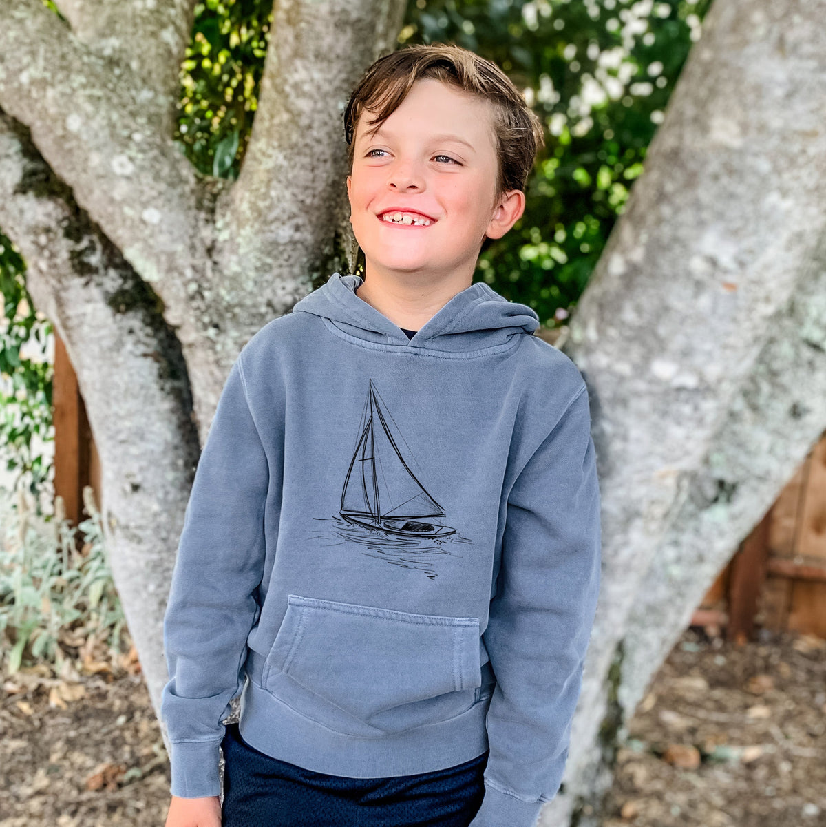 Heading Coastward - Sloop Sailboat - Youth Pigment Dyed Hoodie
