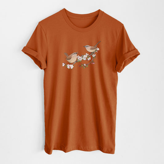 Spring Carolina Wrens on a Blooming Crabtree Branch - Lightweight 100% Cotton Unisex Crewneck