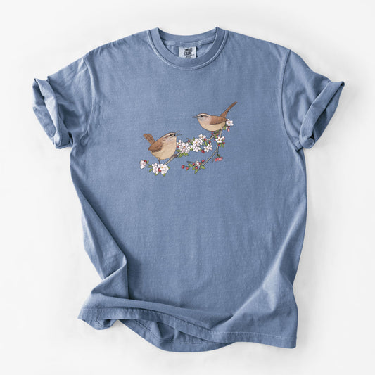 Spring Carolina Wrens on a Blooming Crabtree Branch - Unisex Comfort Colors Garment-Dyed Heavyweight T-shirt