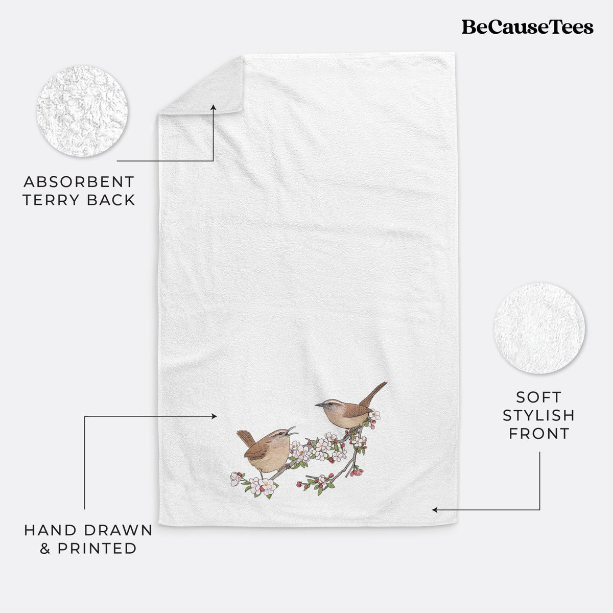Spring Carolina Wrens on a Blooming Crabtree Branch - Premium Hand Towel