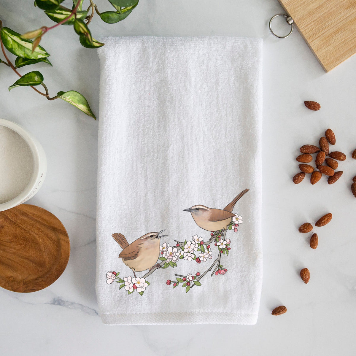 Spring Carolina Wrens on a Blooming Crabtree Branch - Premium Hand Towel