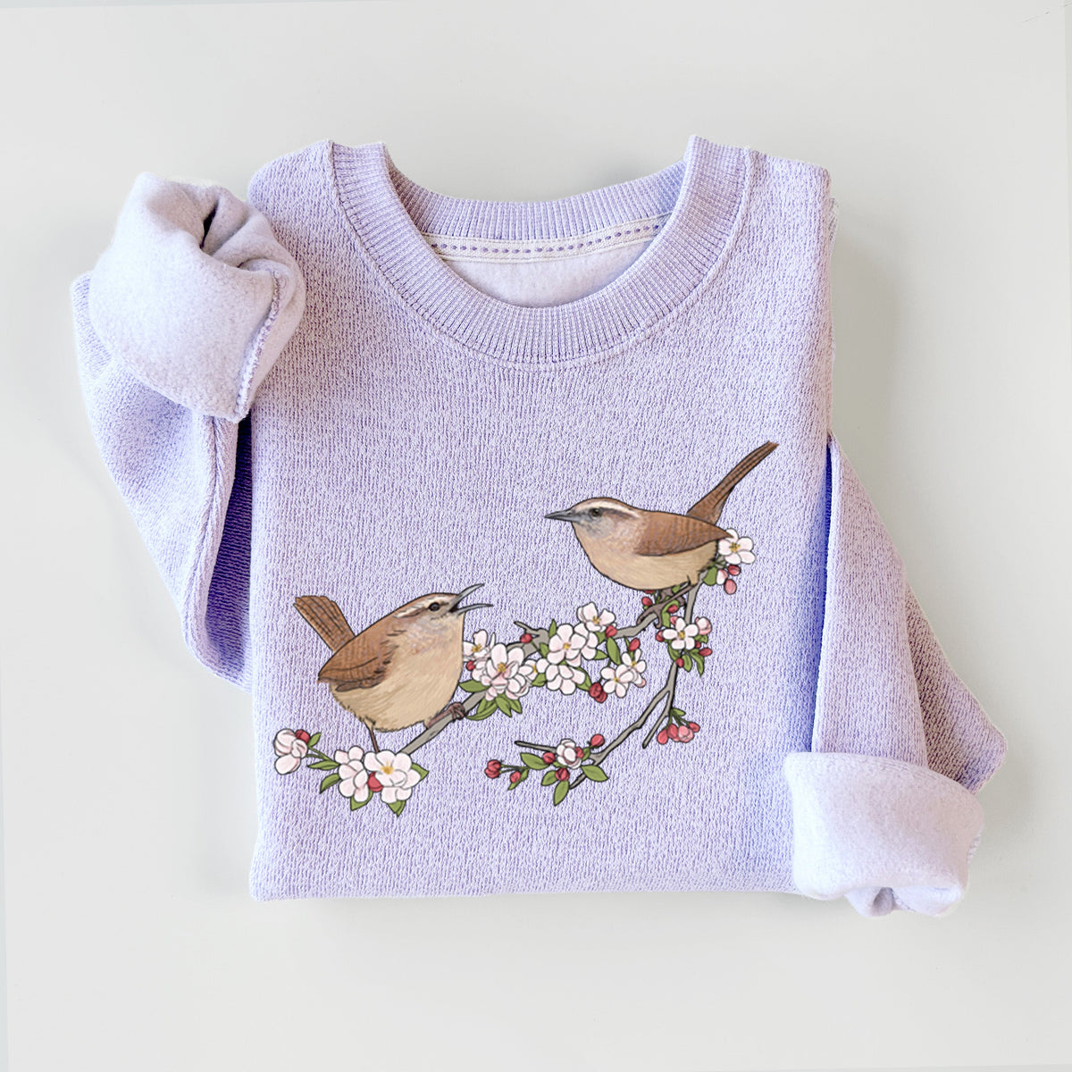 Spring Carolina Wrens on a Blooming Crabtree Branch - Knit Sweatshirt